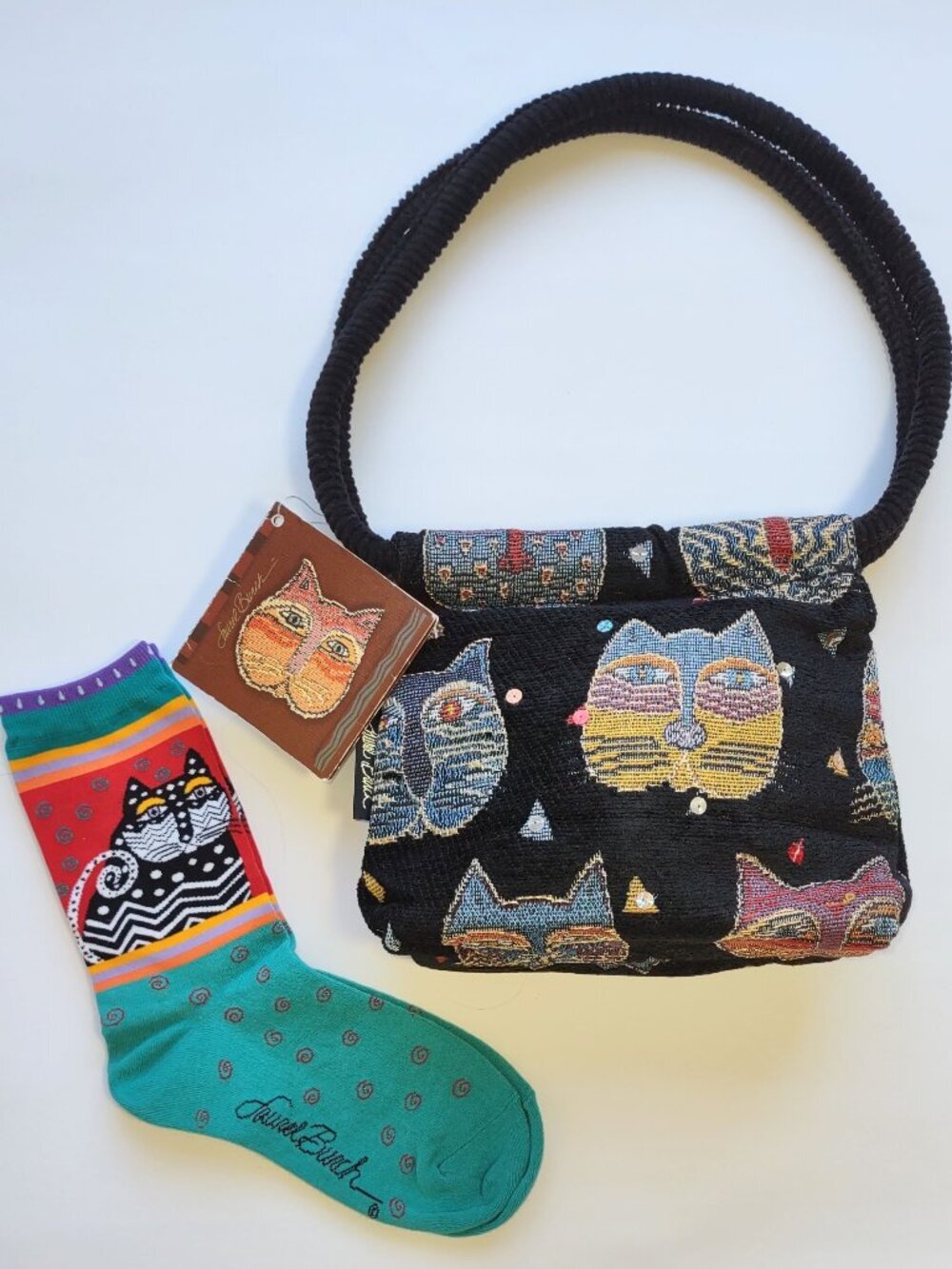 Laurel Burch Tapestry Bag & Crew Socks *BUNDLE Boho Whimsy Artsy Cats Felines